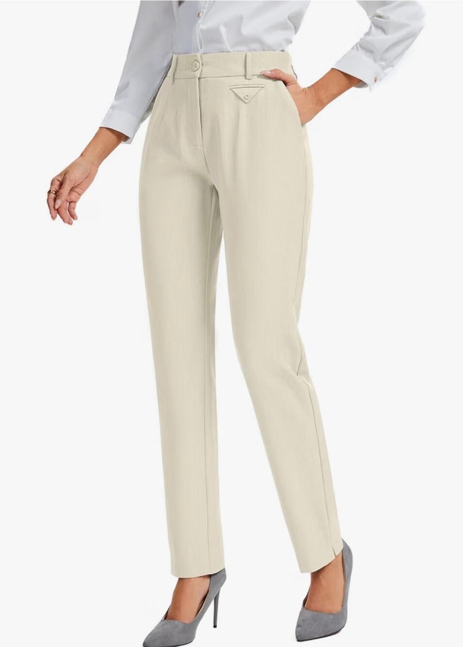 FUNYYZO Stretch Work Pants Straight Leg Trousers Business Casual Apricot size 8